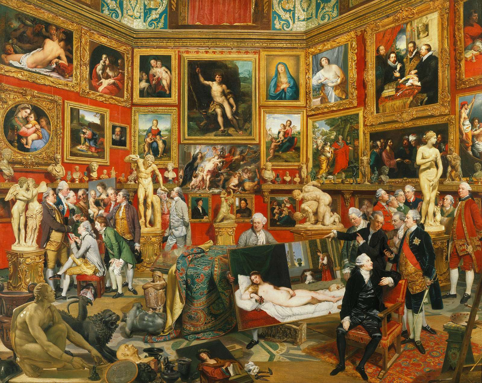 Old master painting of connoisseurs examining pictures and sculpture in a gallery
